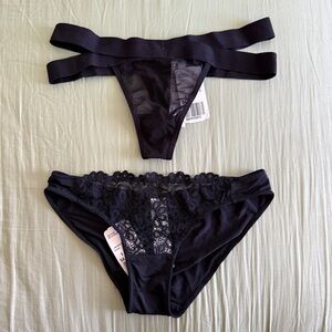 2 x Forever 21 Black Floral Lace Mesh Sheer Strappy Thong Panties